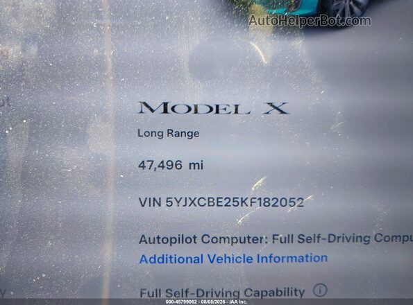 5YJXCBE25KF182052 2019 TESLA MODEL X Серый Панорамный вид салона 360°