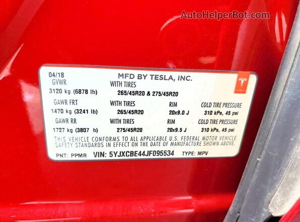 5YJXCBE44JF095534 2018 TESLA MODEL Red Vista interior de 360 grados