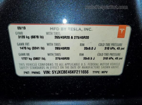 5YJXCBE46KF211656 2019 TESLA MODEL Gray Вид наклейки з VIN-кодом