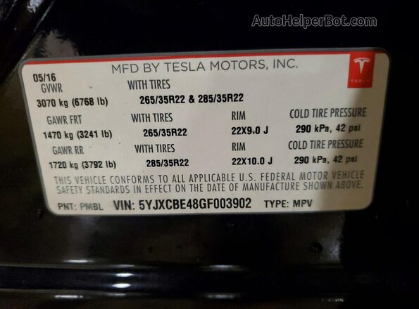 5YJXCBE48GF003902 2016 TESLA MODEL Black Widok wnętrza 360 stopni