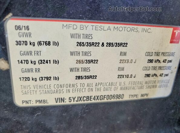 5YJXCBE4XGF006980 2016 TESLA MODEL Black Widok naklejki z numerem VIN