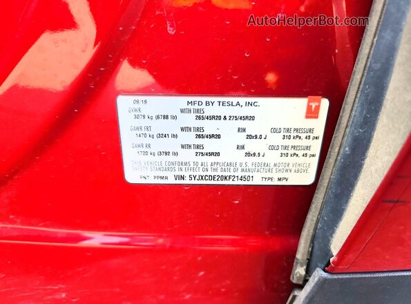 5YJXCDE20KF214501 2019 TESLA MODEL Red Widok wnętrza 360 stopni