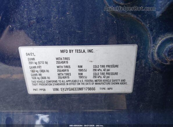 5YJYGAEE0MF179866 2021 TESLA MODEL Y Blue Engine compartment view