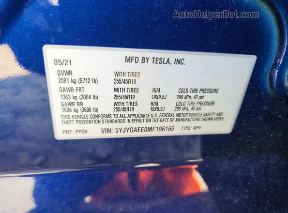 5YJYGAEE0MF196165 2021 TESLA MODEL Blue VIN კოდის სტიკერის ხედი