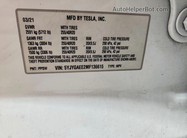 5YJYGAEE2MF136615 2021 TESLA MODEL Белый Вид наклейки с VIN-кодом