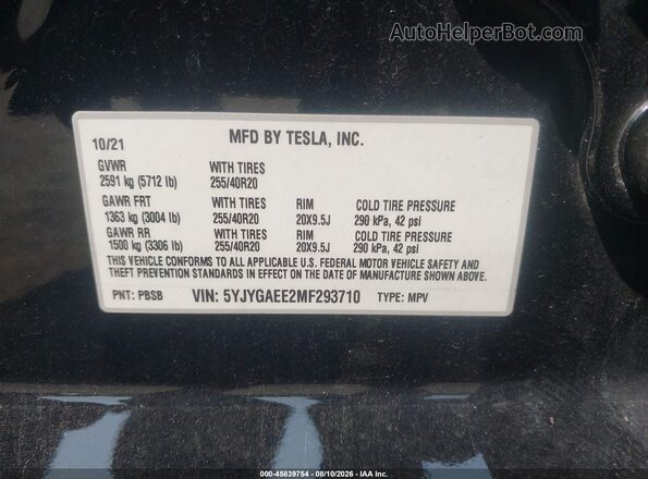 5YJYGAEE2MF293710 2021 TESLA MODEL Y Black Շարժիչի բաժամունքի տեսք
