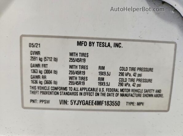 5YJYGAEE4MF183550 2021 TESLA MODEL Белый Вид подкапотного пространства