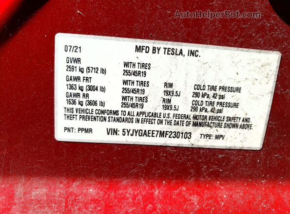 5YJYGAEE7MF230103 2021 TESLA MODEL Red Widok komory silnika