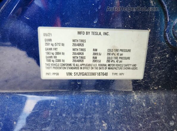 5YJYGAEE8MF187648 2021 TESLA MODEL Blue 360 interior view