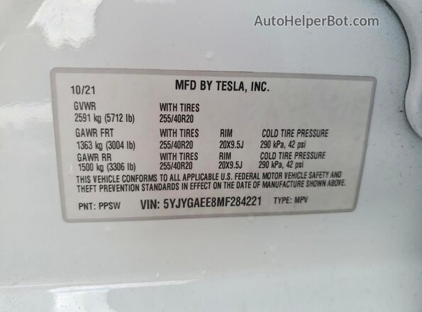 5YJYGAEE8MF284221 2021 TESLA MODEL White Панорамний вид салону 360°