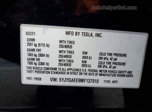 5YJYGAEE9MF137910 2021 TESLA MODEL Черный Вид наклейки с VIN-кодом