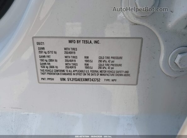 5YJYGAEEXMF243752 2021 TESLA MODEL Y White ძრავის განყოფილების ხედი