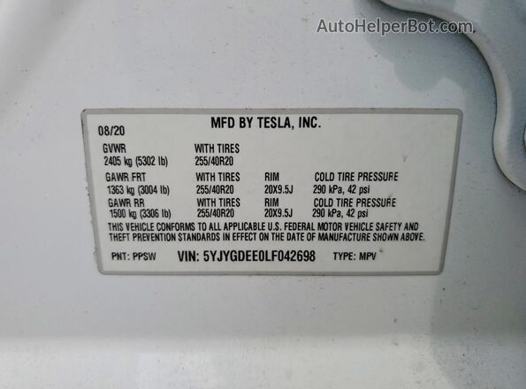 5YJYGDEE0LF042698 2020 TESLA MODEL White Widok naklejki z numerem VIN