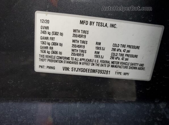 5YJYGDEE0MF093281 2021 TESLA MODEL Charcoal Widok naklejki z numerem VIN