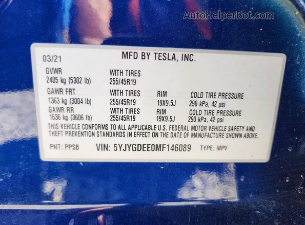 5YJYGDEE0MF146089 2021 TESLA MODEL Blue Vista interior de 360 grados