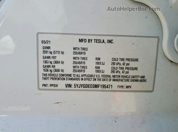 5YJYGDEE0MF195471 2021 TESLA MODEL White 
