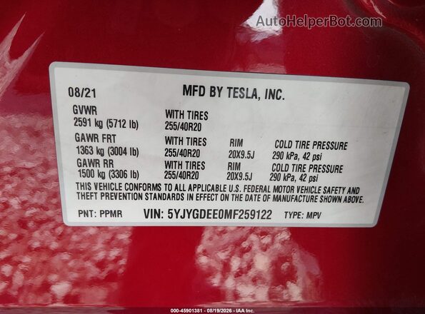 5YJYGDEE0MF259122 2021 TESLA MODEL Y Red Вид підкапотного простору