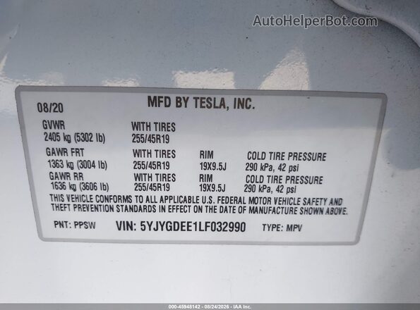5YJYGDEE1LF032990 2020 TESLA MODEL Y White Vista del compartimento del motor