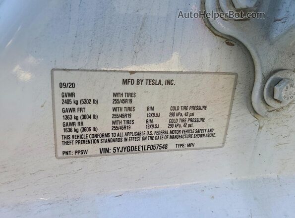 5YJYGDEE1LF057548 2020 TESLA MODEL White Widok wnętrza 360 stopni
