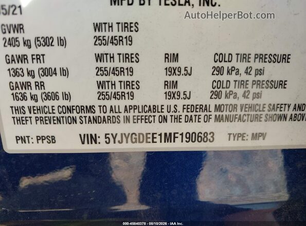 5YJYGDEE1MF190683 2021 TESLA MODEL Y Blue Engine compartment view