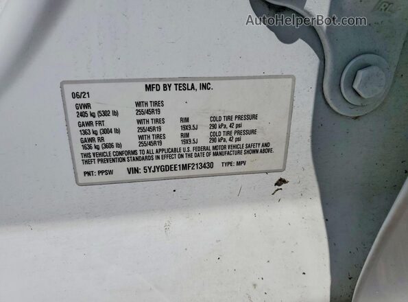 5YJYGDEE1MF213430 2021 TESLA MODEL White VIN sticker view