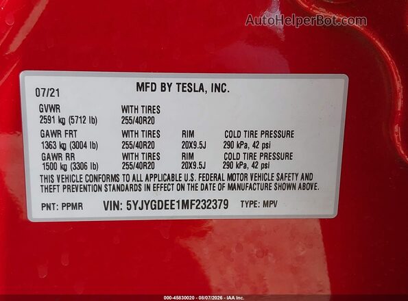 5YJYGDEE1MF232379 2021 TESLA MODEL Y Красный Вид подкапотного пространства