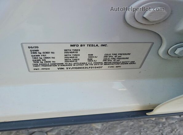 5YJYGDEE2LF015437 2020 TESLA MODEL White VIN sticker view