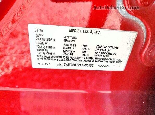 5YJYGDEE2LF035056 2020 TESLA MODEL Red VIN კოდის სტიკერის ხედი