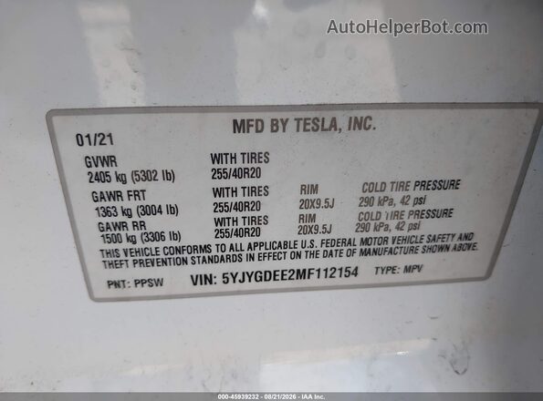 5YJYGDEE2MF112154 2021 TESLA MODEL Y White Շարժիչի բաժամունքի տեսք
