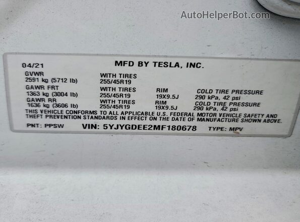 5YJYGDEE2MF180678 2021 TESLA MODEL Белый Вид подкапотного пространства