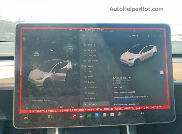 5YJYGDEE3LF008657 2020 TESLA MODEL White Սարքավորումների վահանակի տեսք