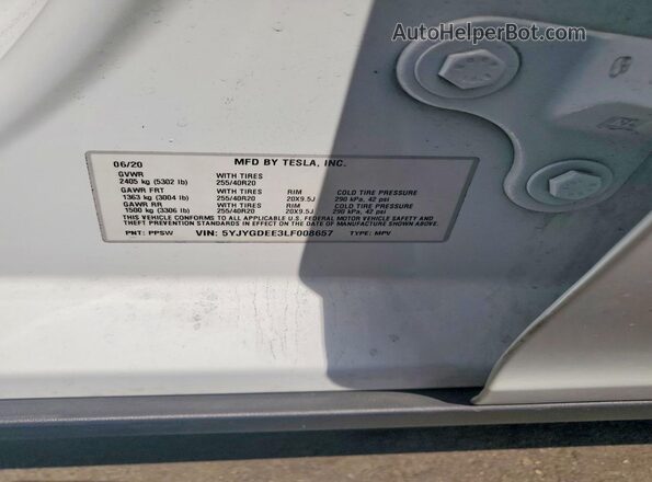 5YJYGDEE3LF008657 2020 TESLA MODEL White Շարժիչի բաժամունքի տեսք
