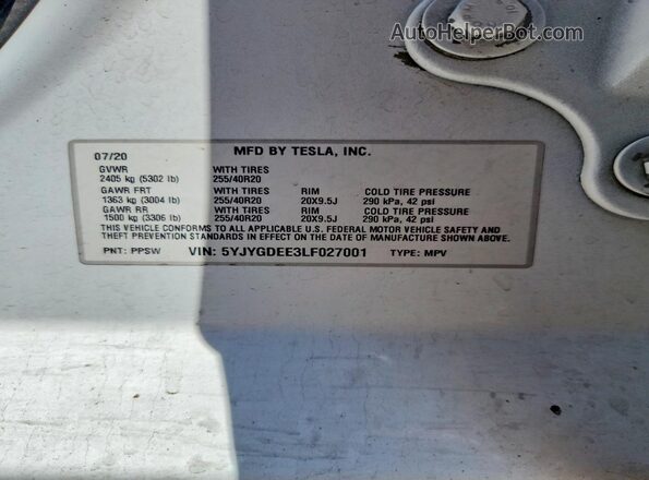 5YJYGDEE3LF027001 2020 TESLA MODEL White Вид підкапотного простору