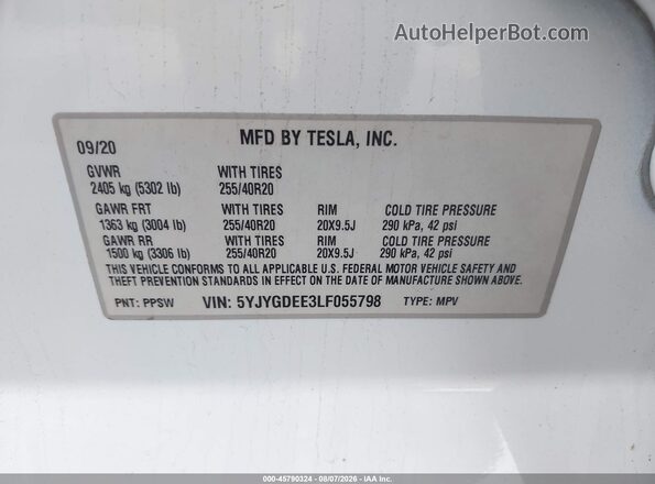 5YJYGDEE3LF055798 2020 TESLA MODEL Y White ძრავის განყოფილების ხედი