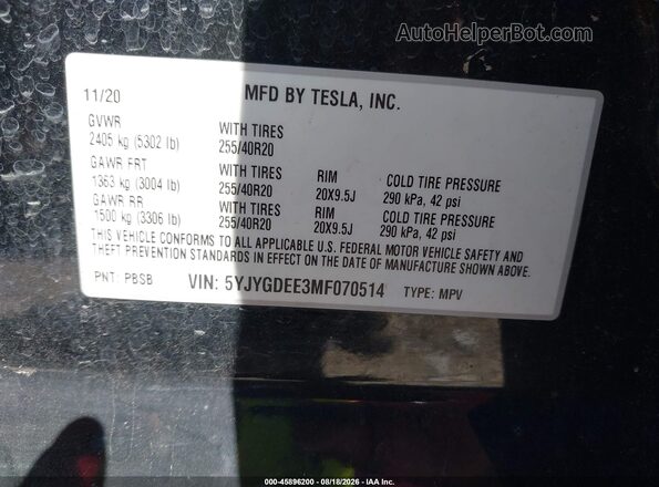 5YJYGDEE3MF070514 2021 TESLA MODEL Y Black Вид підкапотного простору