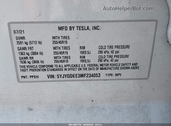 5YJYGDEE3MF234053 2021 TESLA MODEL Y White Vista del compartimento del motor