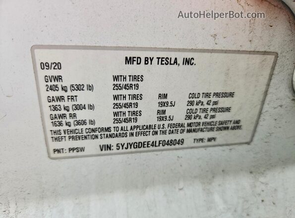 5YJYGDEE4LF048049 2020 TESLA MODEL White VIN კოდის სტიკერის ხედი