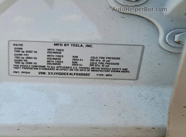 5YJYGDEE4LF048682 2020 TESLA MODEL White Vista de la etiqueta del VIN