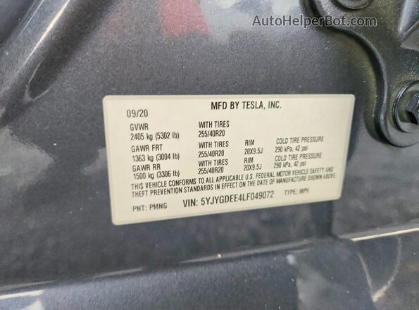 5YJYGDEE4LF049072 2020 TESLA MODEL Gray ძრავის განყოფილების ხედი