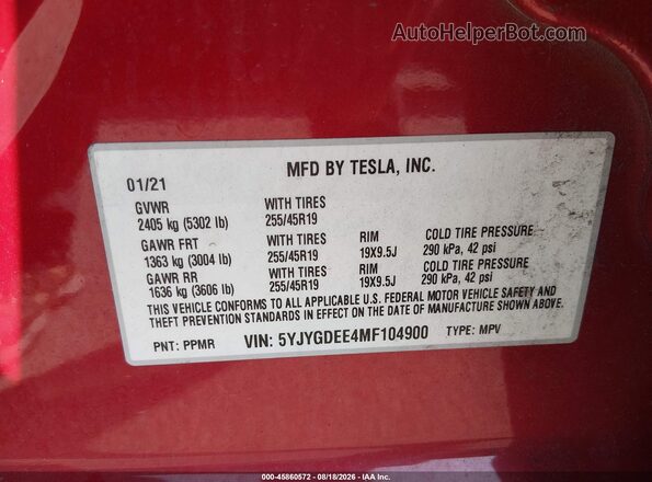 5YJYGDEE4MF104900 2021 TESLA MODEL Y Красный Вид подкапотного пространства