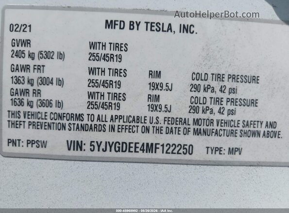 5YJYGDEE4MF122250 2021 TESLA MODEL Y White Engine compartment view