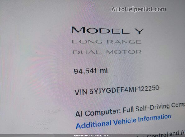 5YJYGDEE4MF122250 2021 TESLA MODEL Y White 