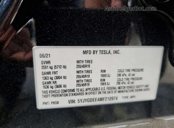 5YJYGDEE4MF210974 2021 TESLA MODEL Black Vista de la etiqueta del VIN