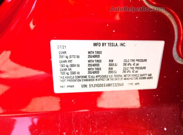 5YJYGDEE4MF232649 2021 TESLA MODEL Red Вид підкапотного простору