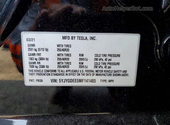 5YJYGDEE5MF141485 2021 TESLA MODEL Black VIN კოდის სტიკერის ხედი