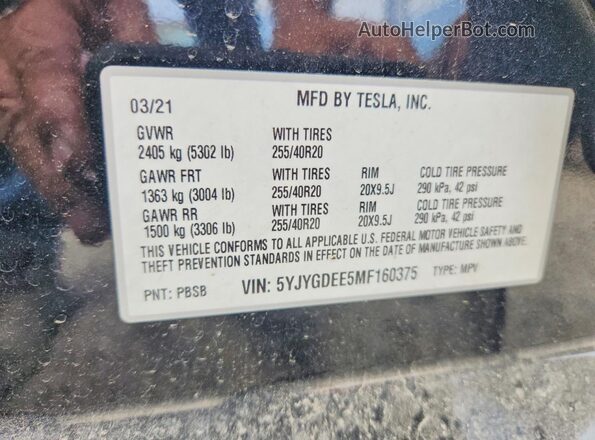 5YJYGDEE5MF160375 2021 TESLA MODEL Black Вид наклейки з VIN-кодом