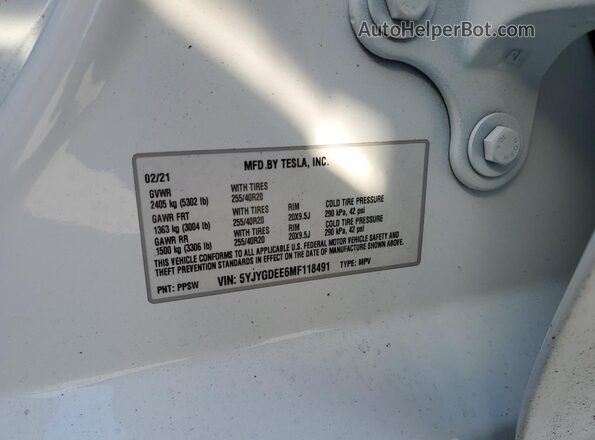 5YJYGDEE6MF118491 2021 TESLA MODEL White Widok naklejki z numerem VIN