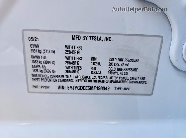 5YJYGDEE6MF198049 2021 TESLA MODEL White Widok naklejki z numerem VIN