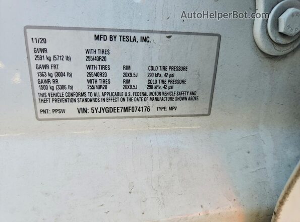5YJYGDEE7MF074176 2021 TESLA MODEL White Vista interior de 360 grados
