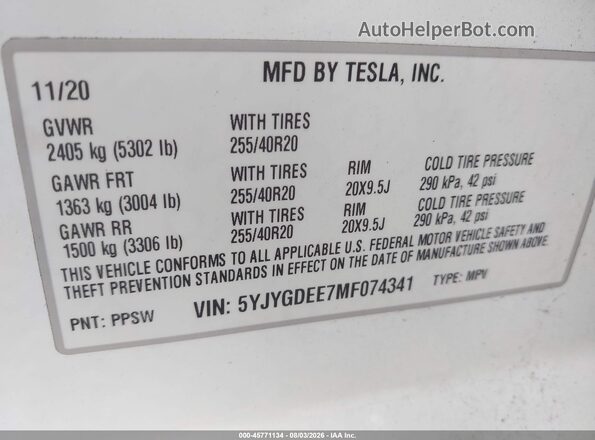 5YJYGDEE7MF074341 2021 TESLA MODEL Y Белый Вид подкапотного пространства